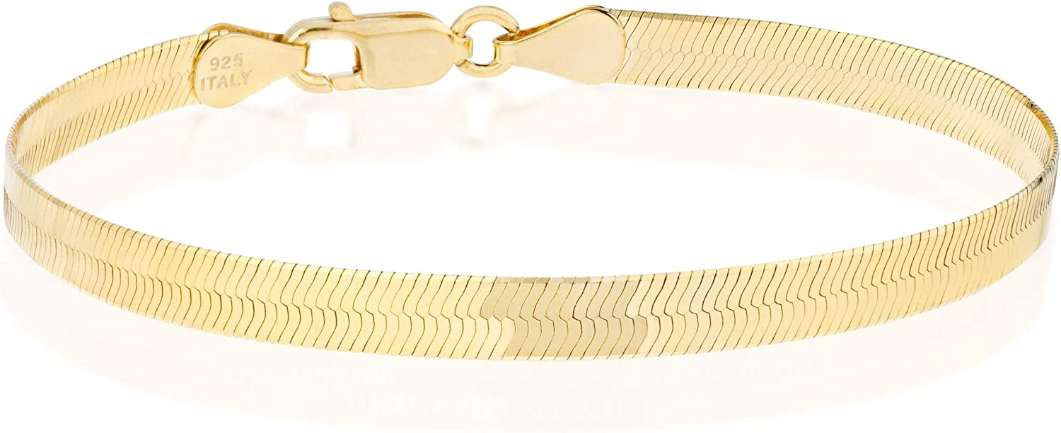Miabella 18K Yellow Gold Over 925 Sterling Silver Italian Solid 4.5mm Elastic Flat Herringbone Chain Bracelet Unisex 6.5, 7, 7.5, 8" Made in Italy